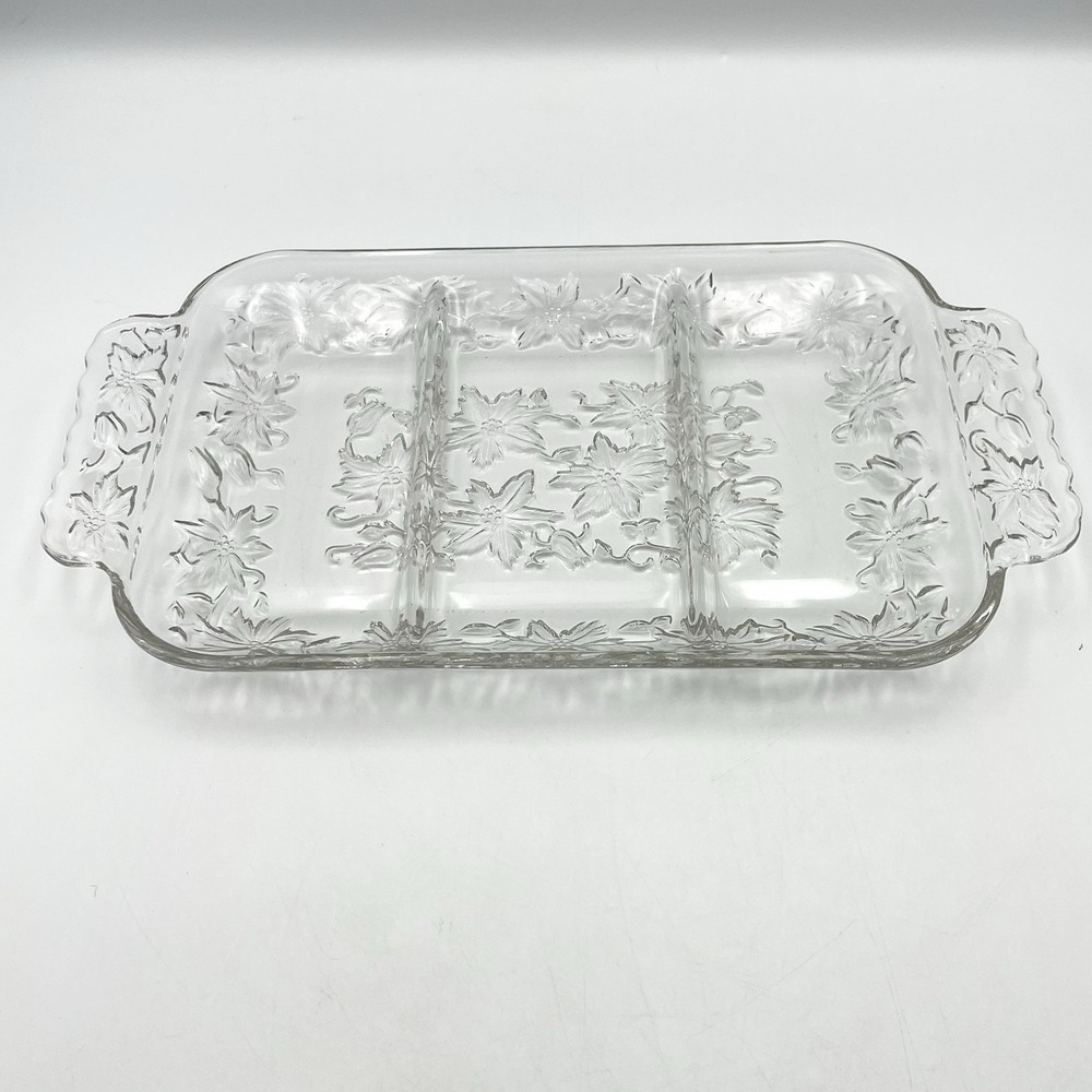 Princess House Fantasia Crystal 3 Section Divided Relish Tray Dish Poinsettia